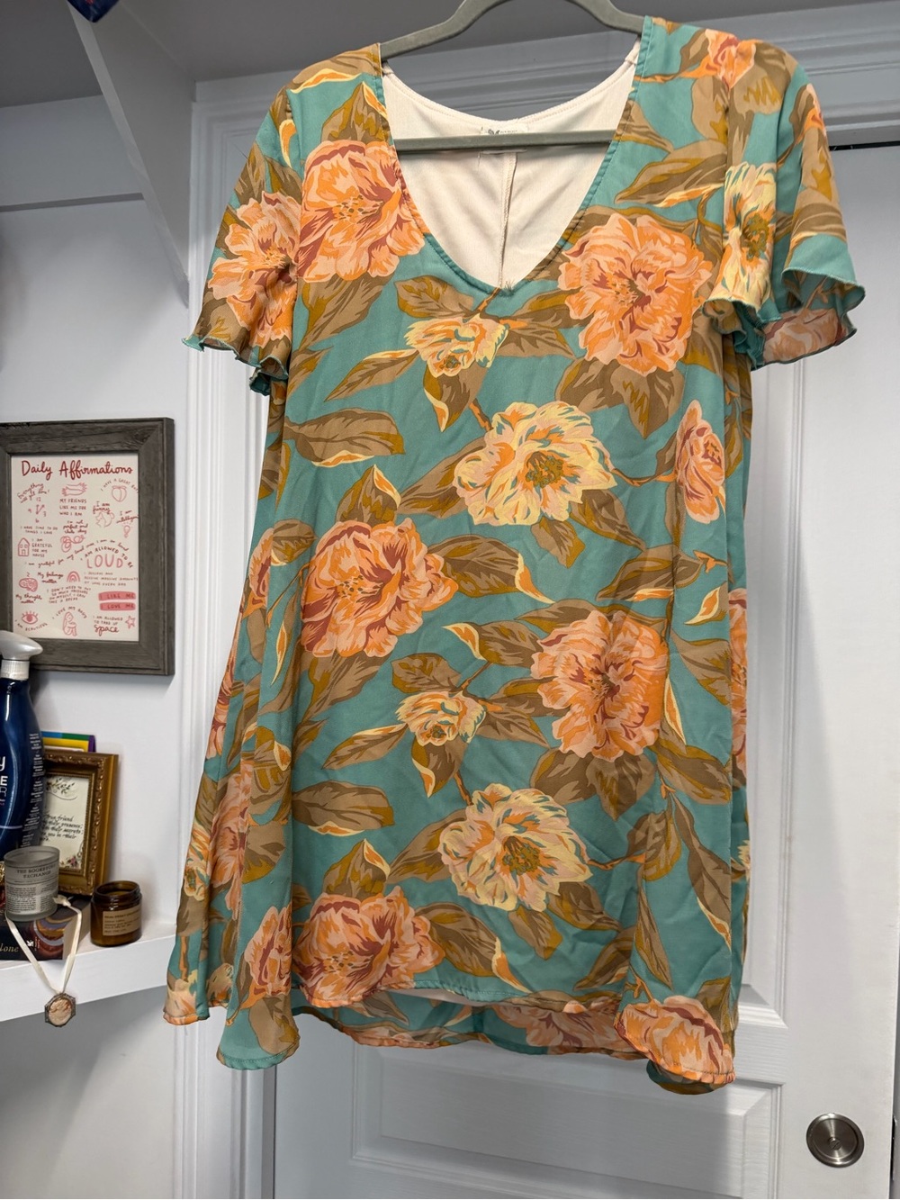Show Me Your MuMu Teal Floral Mini Dress with Peach Blooms